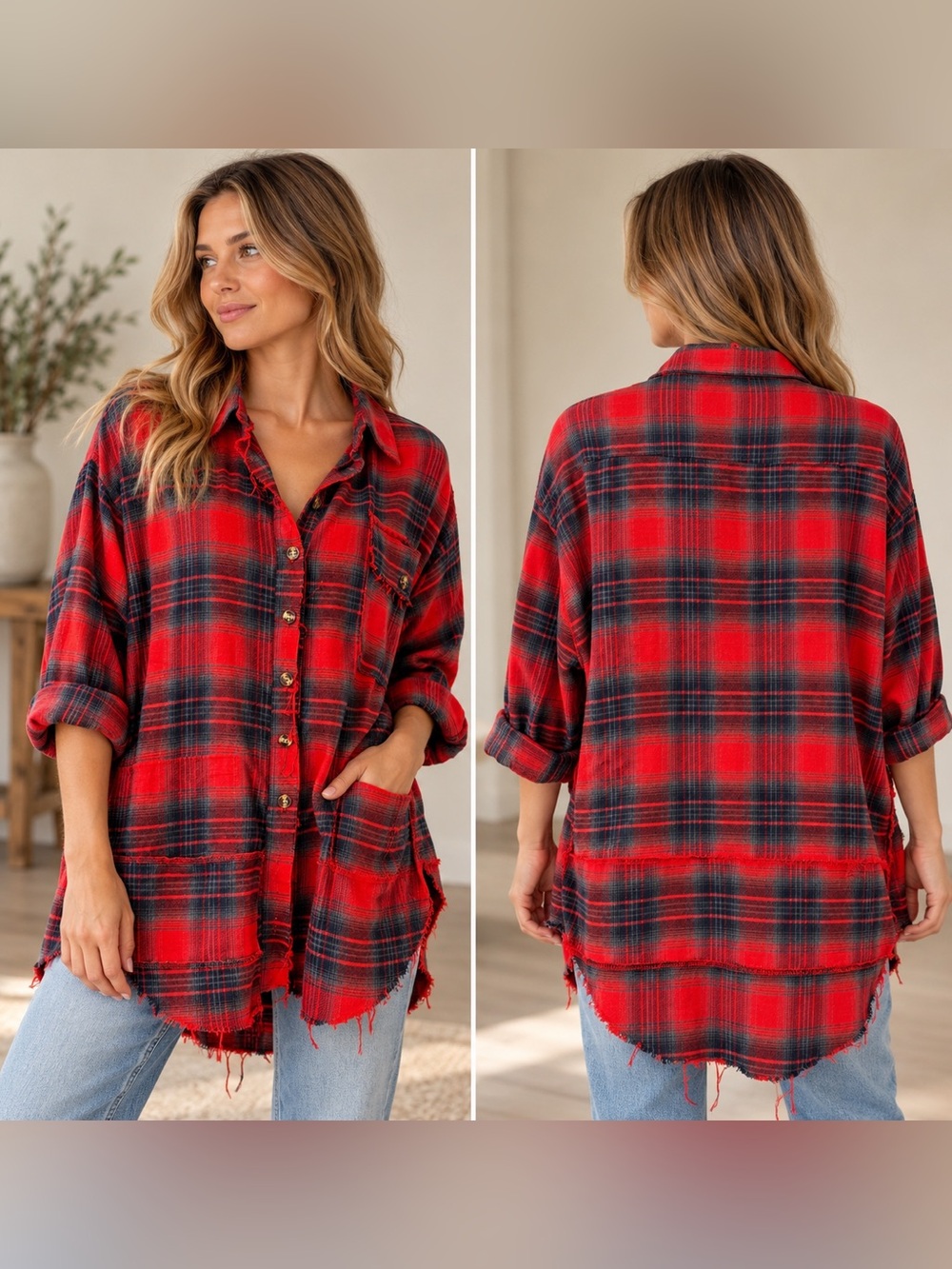 Oversized Red Plaid Distressed Shacket Raw Hem Shirt Jacket L